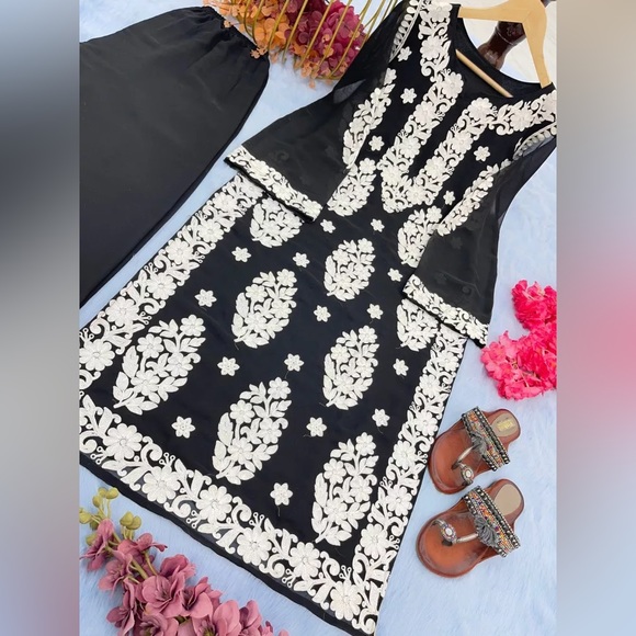 Chikankari Design, Black Color Kurti With Pant in Georgette With Embroidery Work - Picture 2 of 5